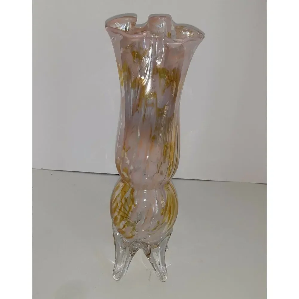 Vintage Hand Blown Decorative Glass Vase Footed Lace Scallop